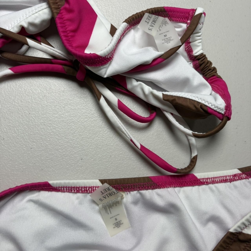 Victoria's Secret Women's Pink and Brown Striped Halter Bikini Set - Picture 3 of 7